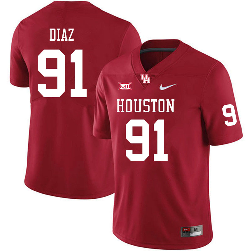 Men #91 Joshua Diaz Houston Cougars Big 12 XII College Football Jerseys Stitched-Red - Click Image to Close